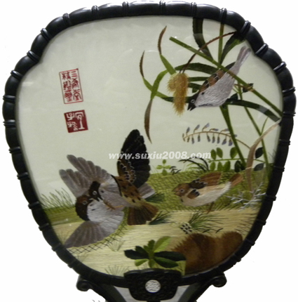 苏绣宫扇朗世宁花鸟1